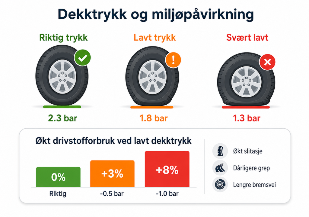 Dekktrykk og miljøpåvirkning – lavt dekktrykk gir økt forbruk, dårligere grep og lengre bremselengde