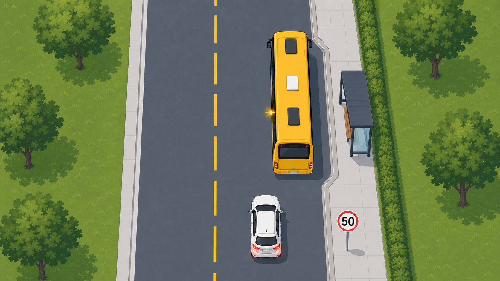 Illustrasjon av buss som blinker ut fra holdeplass i 50-sone