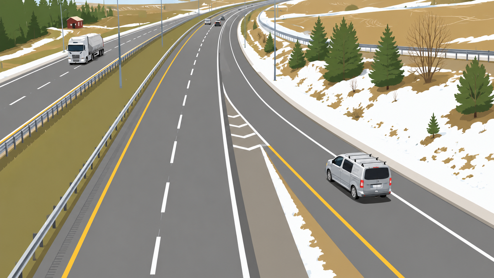 Illustrasjon av bil i akselerasjonsfelt som skal inn på motorvei.