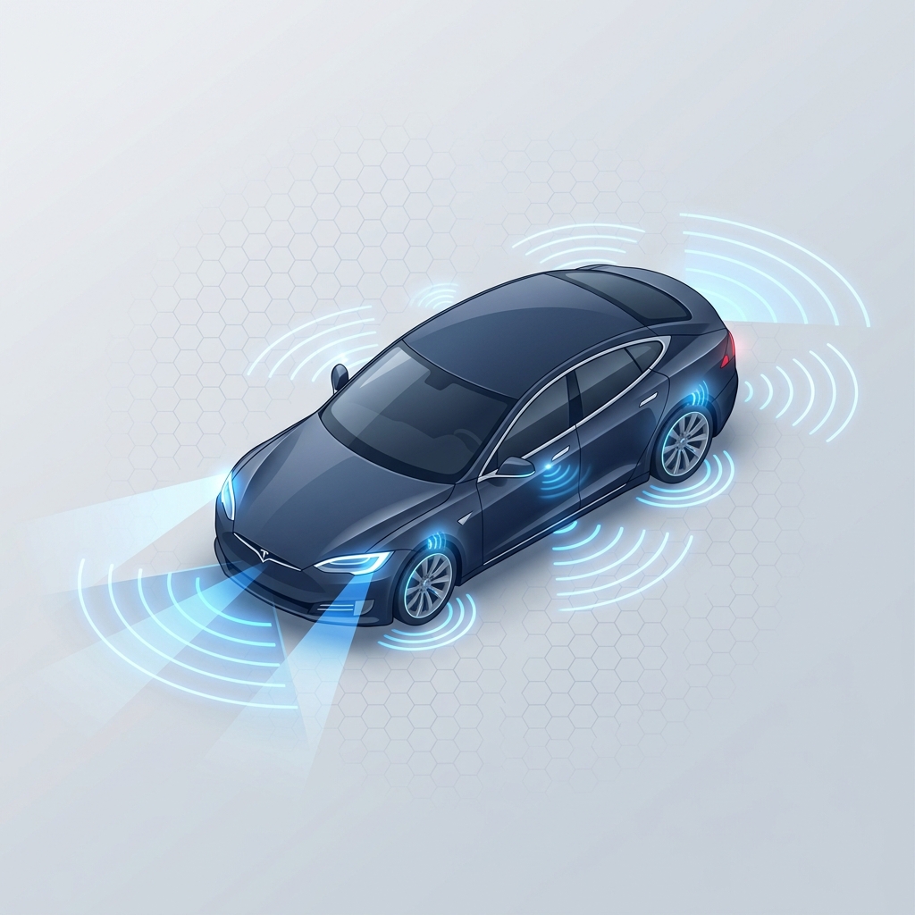 Illustrasjon av førerstøttesystemer i bil, med ABS, ESP, adaptiv cruise control, filholder, blindsonevarsler og automatisk nødbrems.