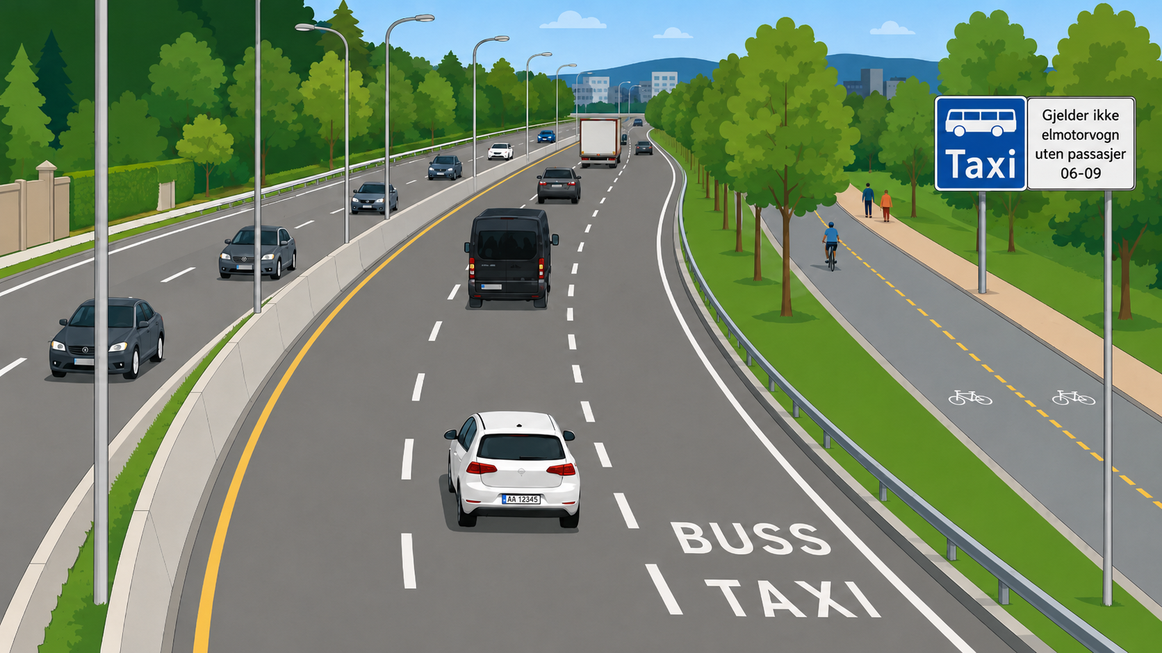 Illustrasjon av kollektivfelt merket for buss og taxi med underskilt om elbil uten passasjer.