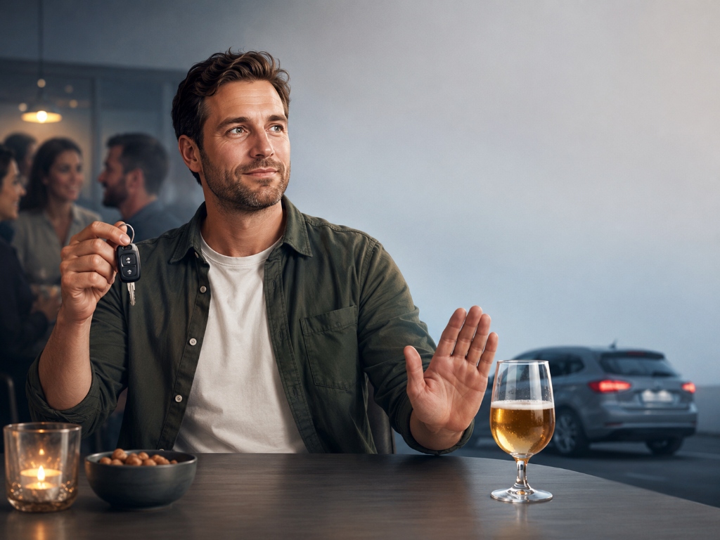 Person med bilnøkkel som lar være å drikke alkohol før bilkjøring.