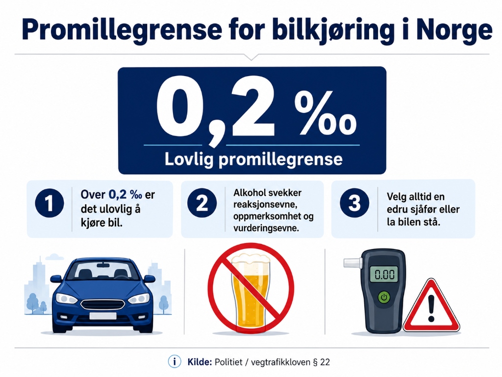Infografikk som viser promillegrensen for bilkjøring i Norge på 0,2 promille.