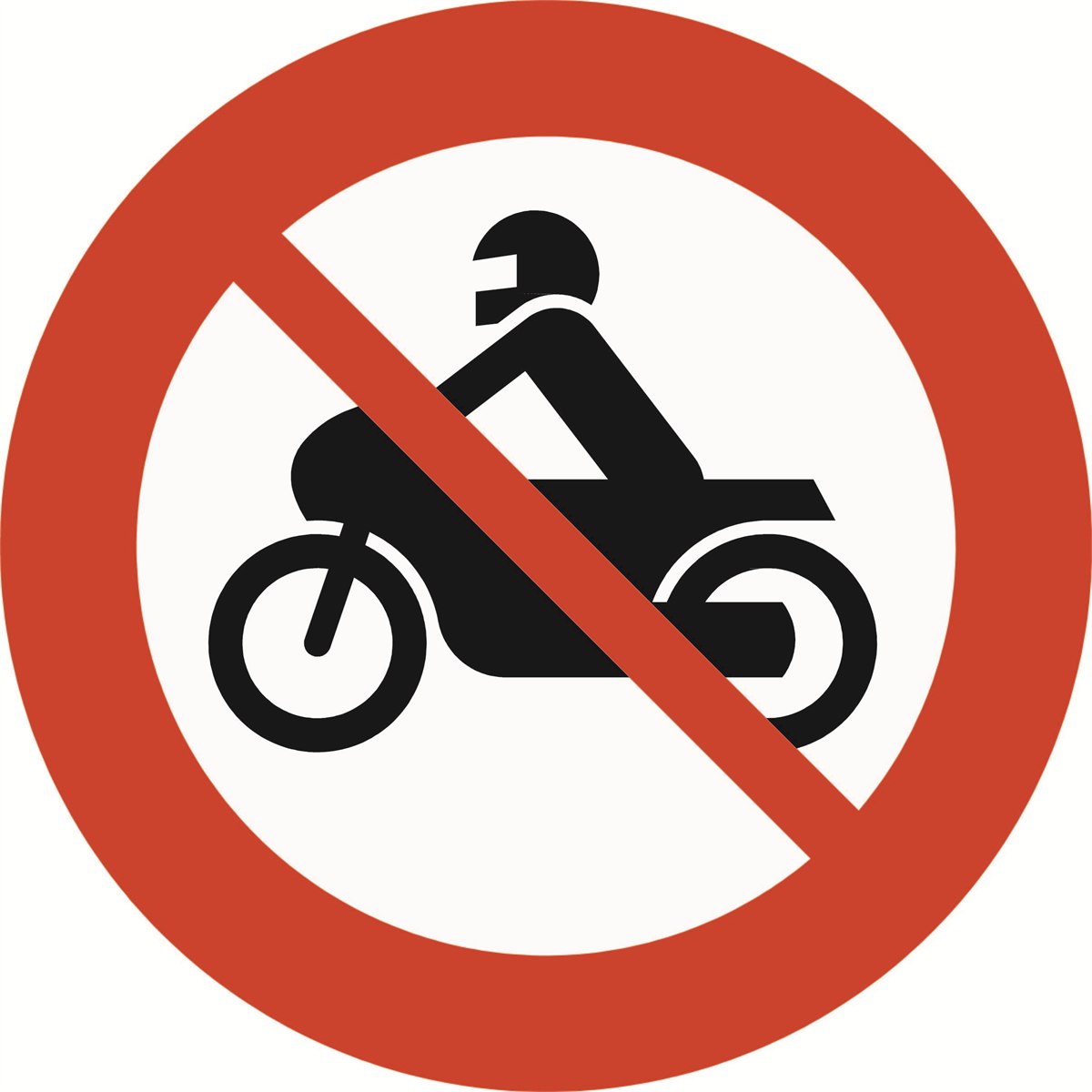 Rundt forbudsskilt med rød kant og svart motorsykkel med fører på hvit bunn, skilt 306.4 Forbudt for motorsykkel og moped