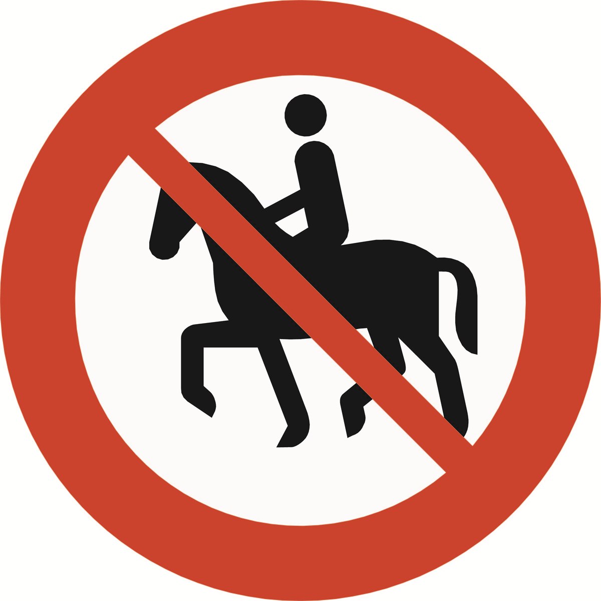 Rundt forbudsskilt med rød kant og svart symbol av en rytter på hest, skilt 306.9 Forbudt for ridende