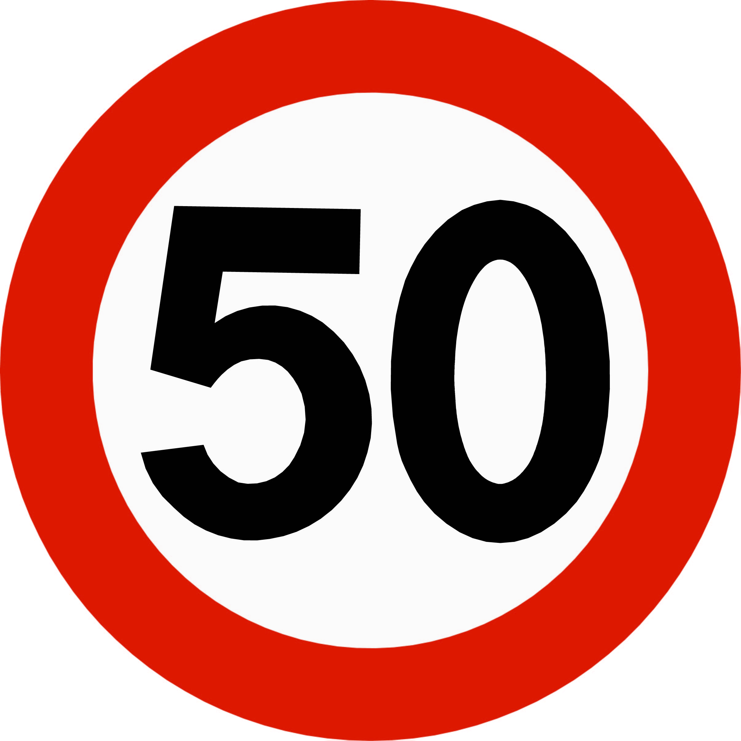 Rundt forbudsskilt med rød kant og tallet 50 i midten, skilt 362 fartsgrense 50