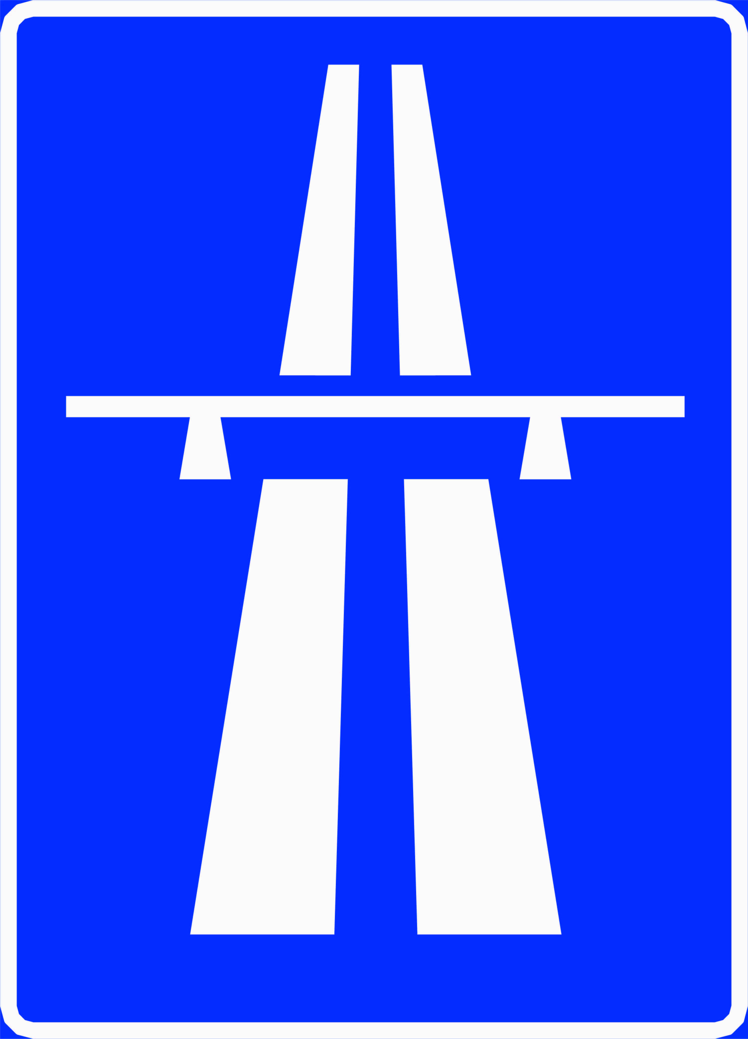 Blått firkantet skilt med et hvitt symbol av to kjørebaner og en bro over, skilt 502 Motorveg