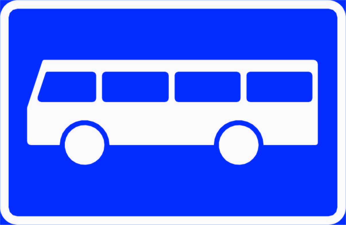 Rektangulært blått skilt med hvitt buss-symbol, skilt 512 Holdeplass for buss