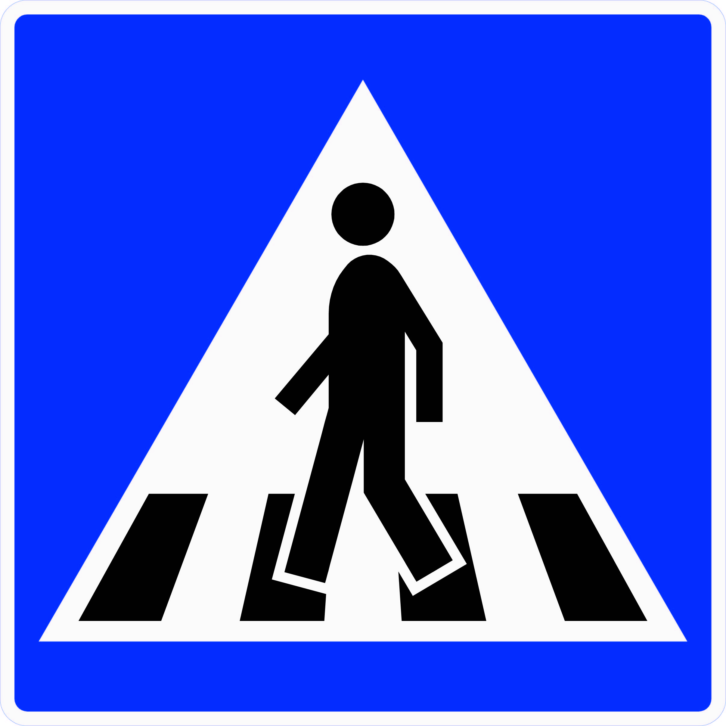 Blått firkantet opplysningsskilt med hvit trekant og symbol av en person som går i gangfelt, skilt 516 gangfelt