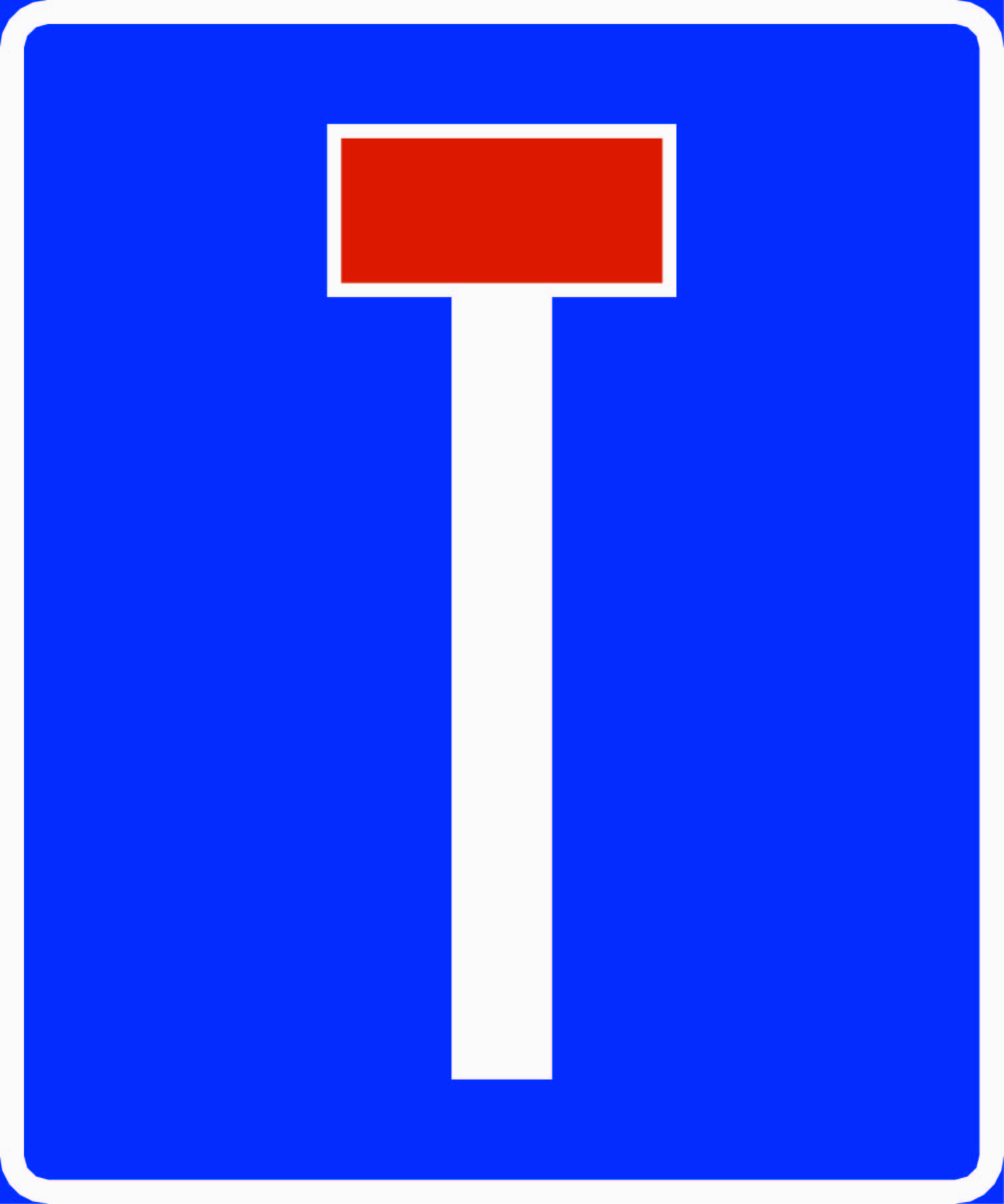 Blått firkantet skilt med et rødt og hvitt symbol av en blindvei, skilt 527 Blindveg