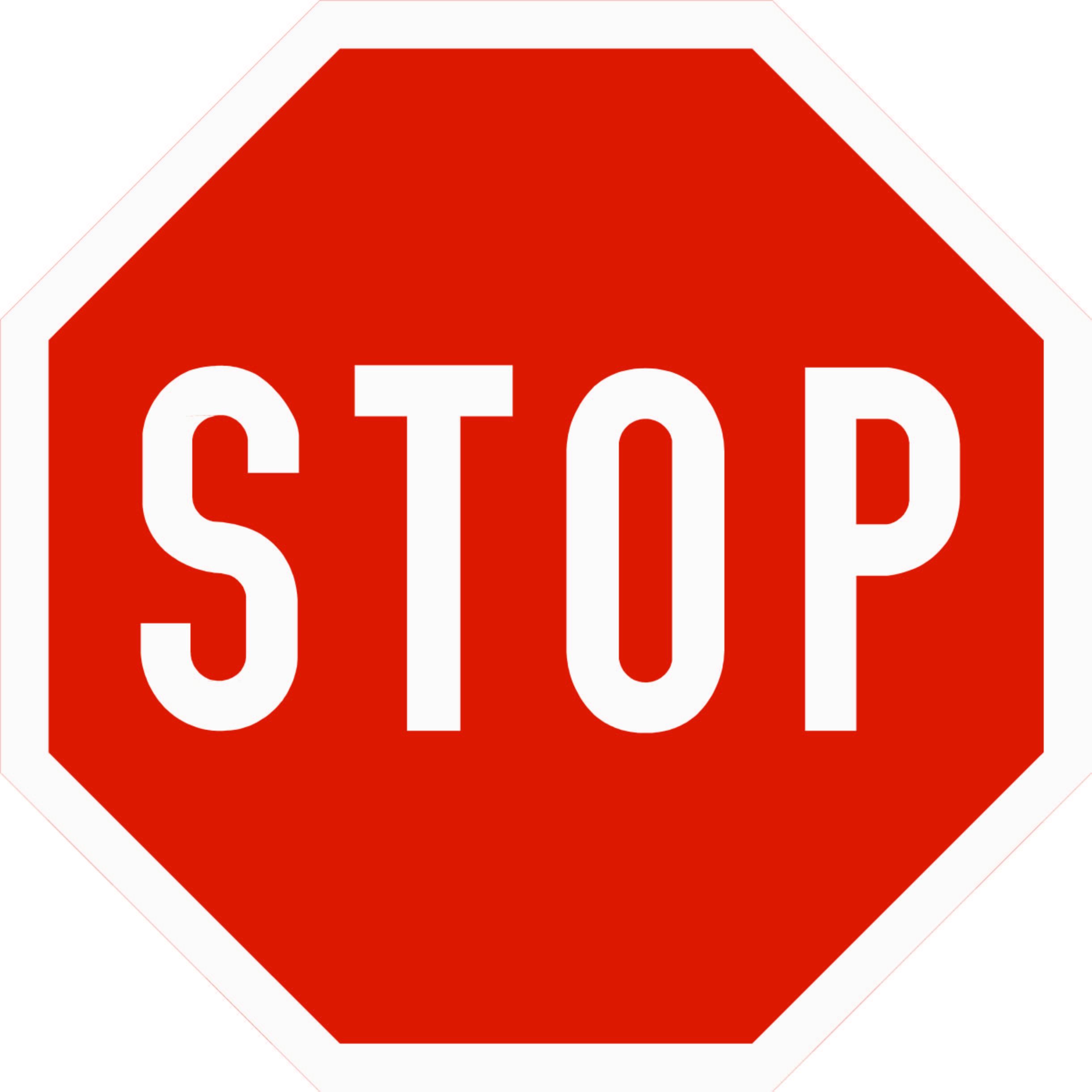 Åttekantet rødt STOPP-skilt med hvit kant og hvit tekst, skilt 204 STOPP
