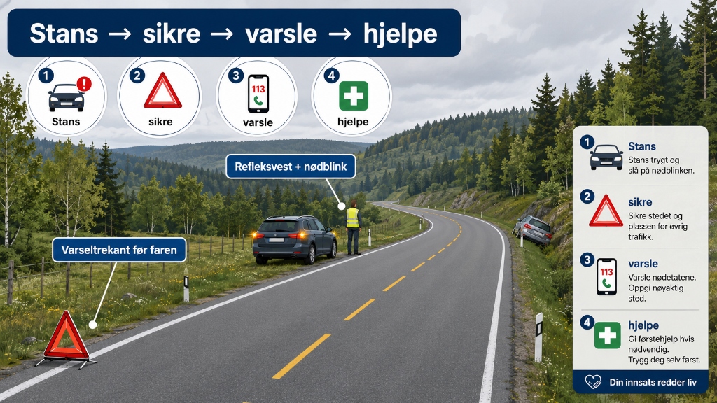 Illustrasjon av rekkefølge ved trafikkuhell: Stans, sikre, varsle og hjelpe