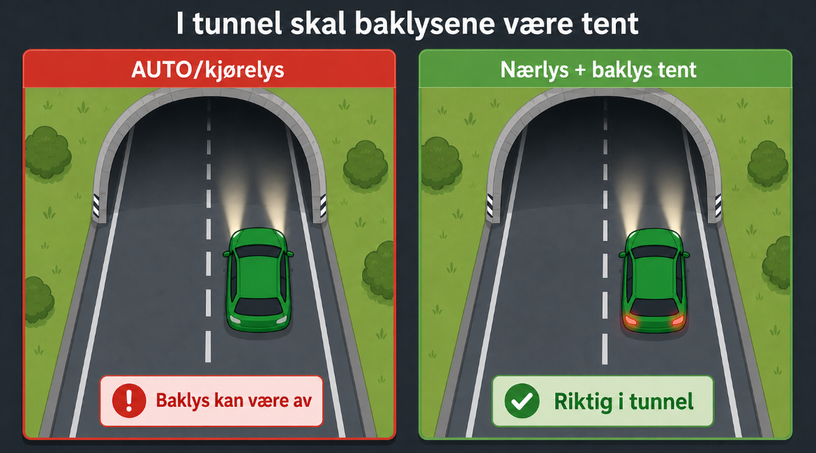 Automatisk kjørelys og nærlys i tunnel med baklys tent