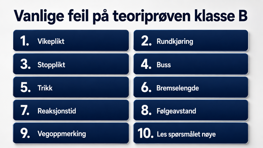 Infografikk med 10 vanlige feil på teoriprøven klasse B, blant annet vikeplikt, rundkjøring, skilt, bremselengde, følgeavstand og lesefeil